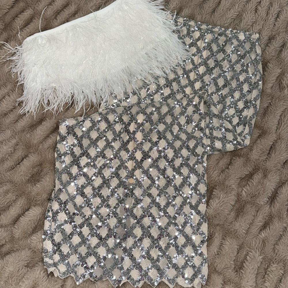Sequin Lattice Midi Skirt with Feather Top - White/Silver